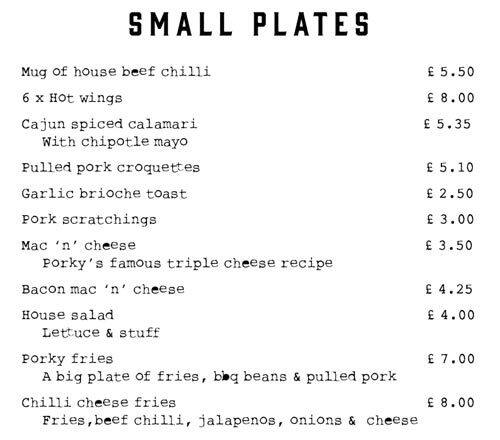 Menu at Porky's BBQ Boxpark, London, 10 Bethnal Green Rd