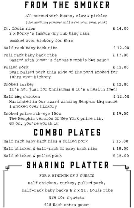 Menu at Porky's BBQ Boxpark, London, 10 Bethnal Green Rd
