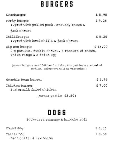 Menu at Porky's BBQ Boxpark, London, 10 Bethnal Green Rd
