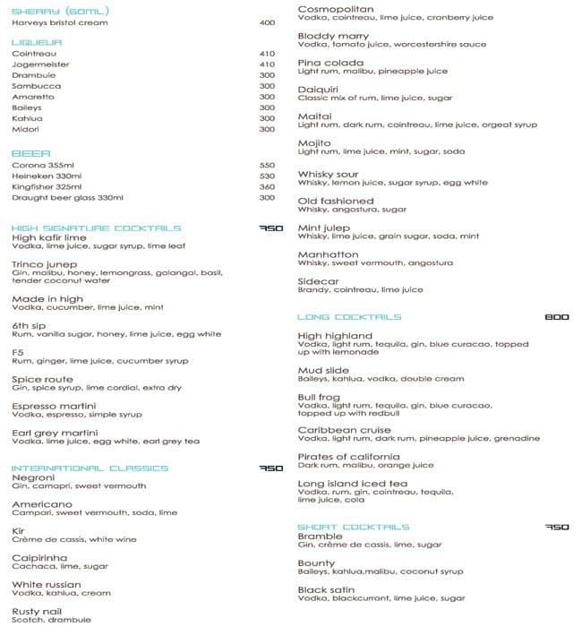 Menu at Up North, Chennai