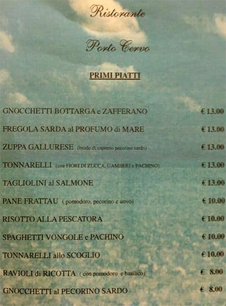 Menu di Porto Cervo 