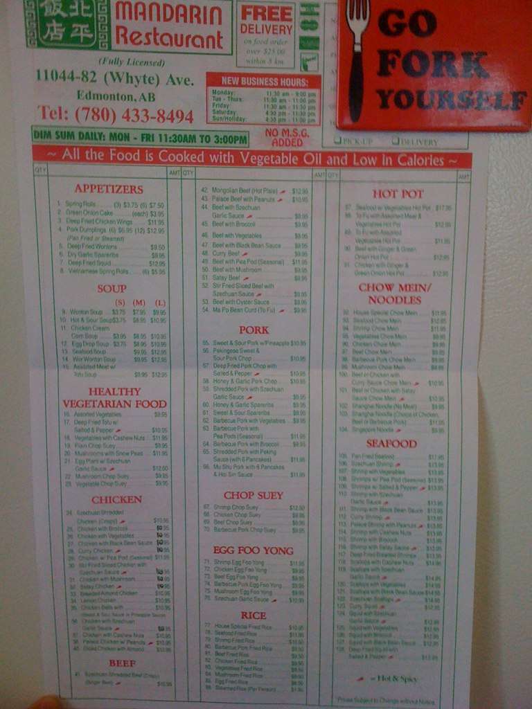 Mandarin Restaurant menu