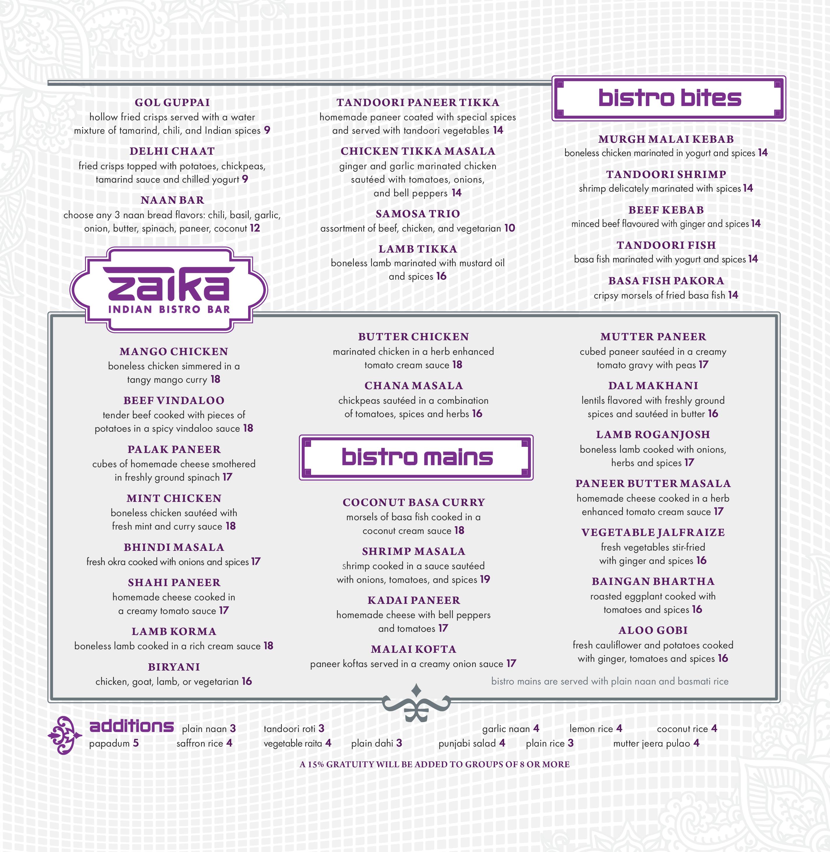 Zaika Indian Bistro Bar Menu, Menu for Zaika Indian Bistro Bar