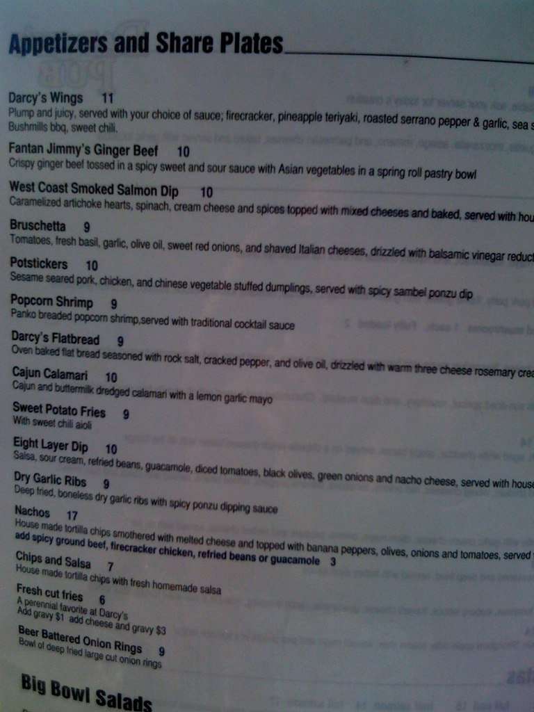 Darcy's Pub Menu, Menu de Darcy's Pub, Victoria, City of Victoria