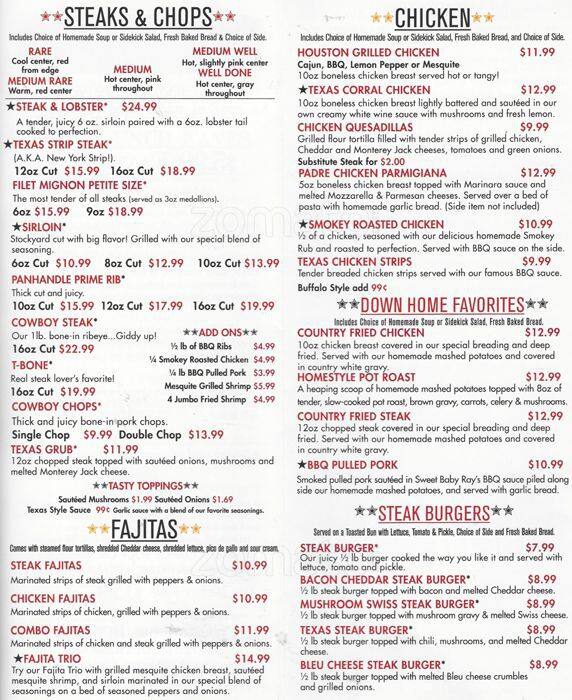 Texas Corral menu