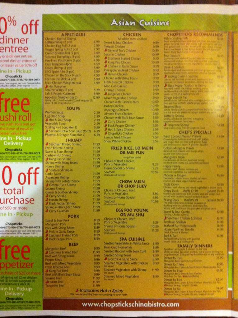 Chopsticks China Bistro & Sushi Bar Menu Urbanspoon/Zomato