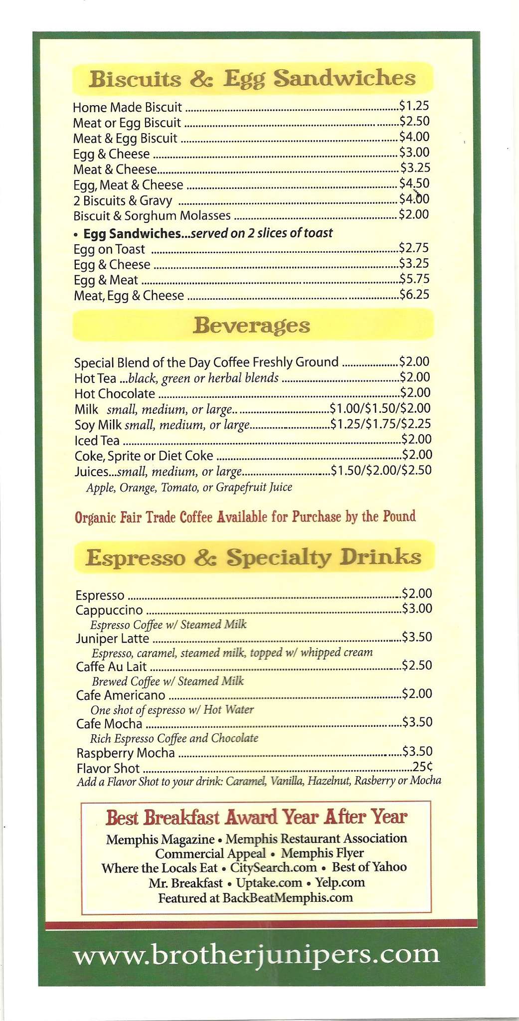 Menu at Brother Juniper’s cafe, Memphis