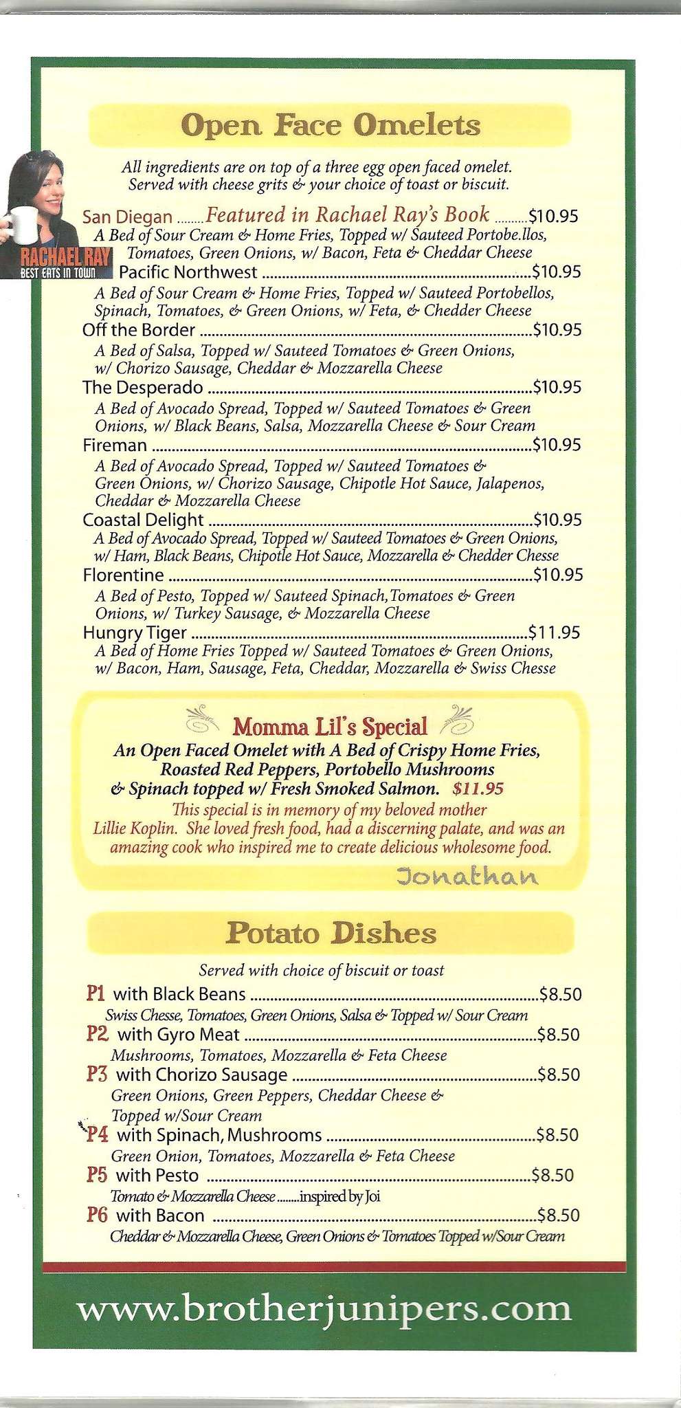 Menu at Brother Juniper’s cafe, Memphis
