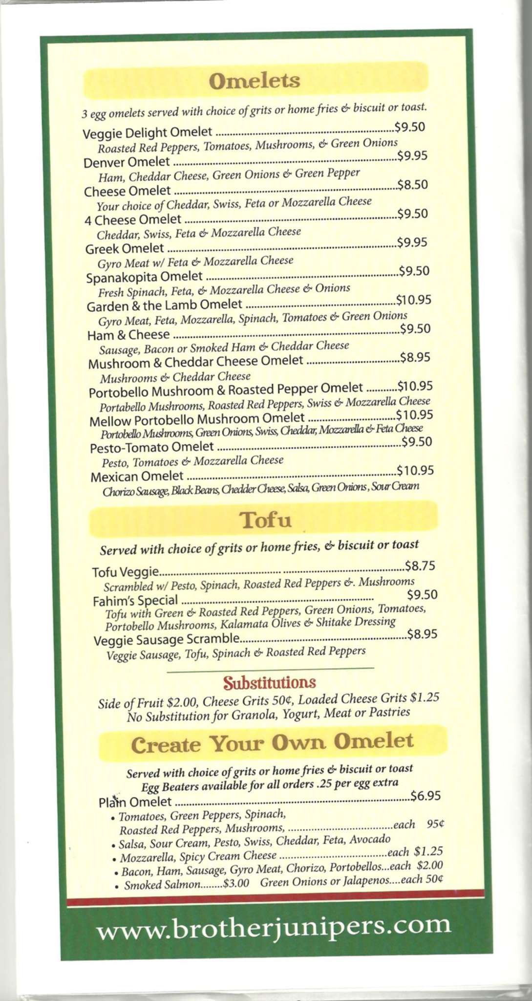 Menu at Brother Juniper’s cafe, Memphis