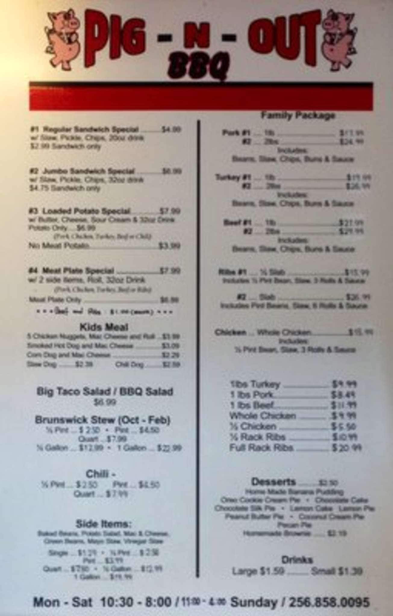 Pig N Out Barbecue Menu, Menu for Pig N Out Barbecue, Huntsville, Huntsville Urbanspoon/Zomato