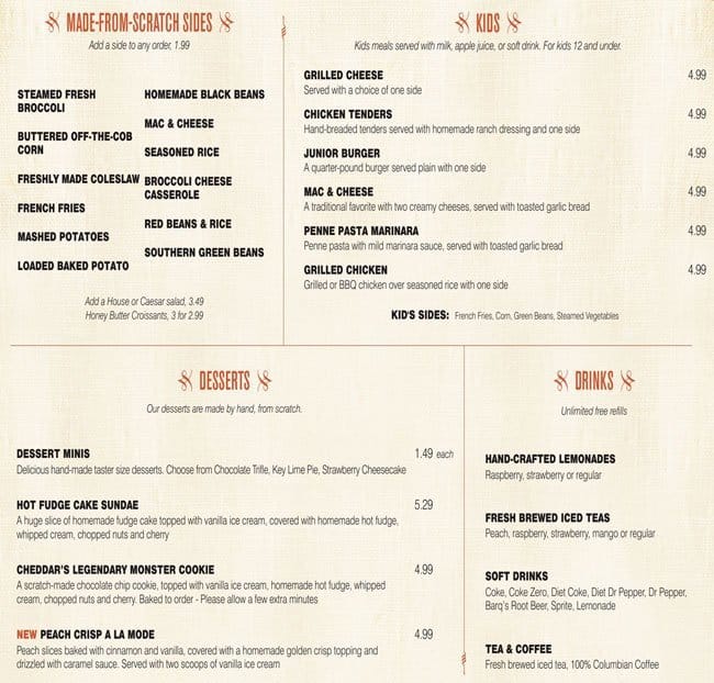 Menu at Cheddar's Scratch Kitchen restaurant, Elizabethtown, N Dixie Ave
