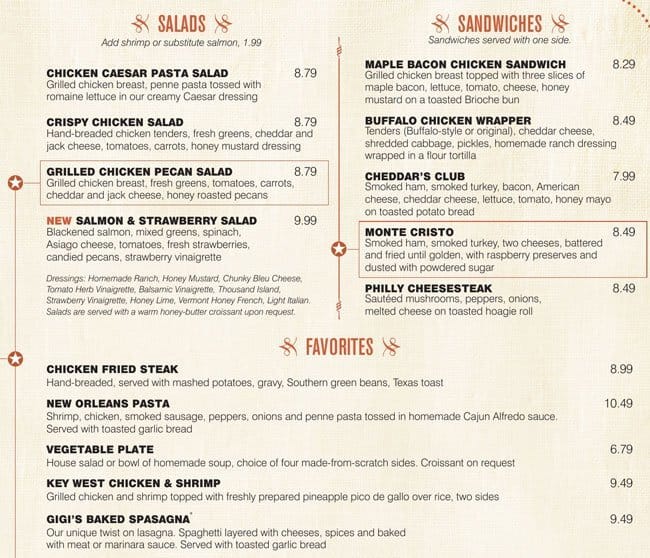 Menu at Cheddar's Scratch Kitchen restaurant, Elizabethtown, N Dixie Ave