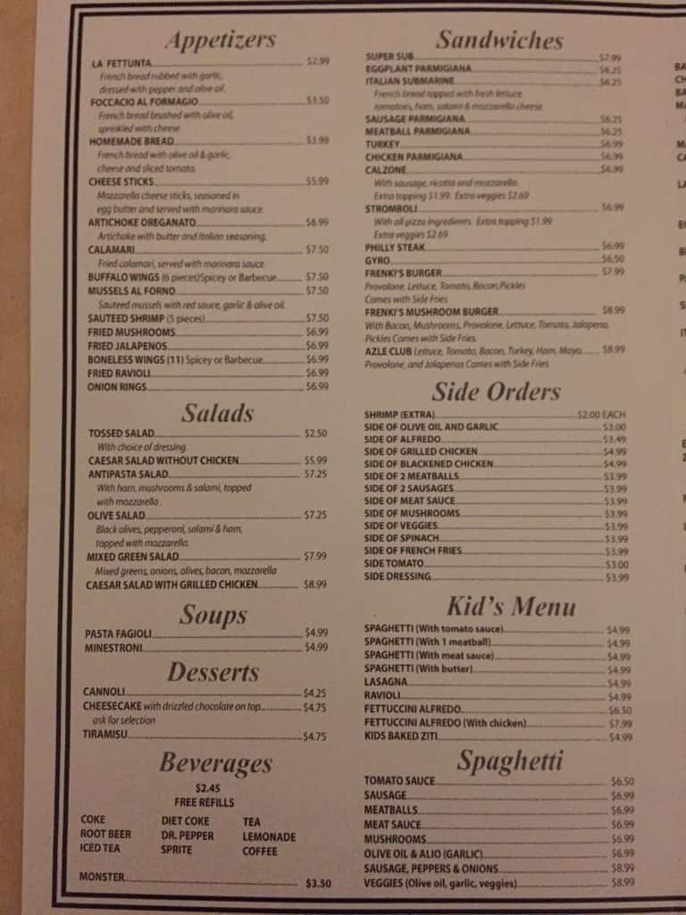 Menu at Frenki's Capriccio restaurant, Azle