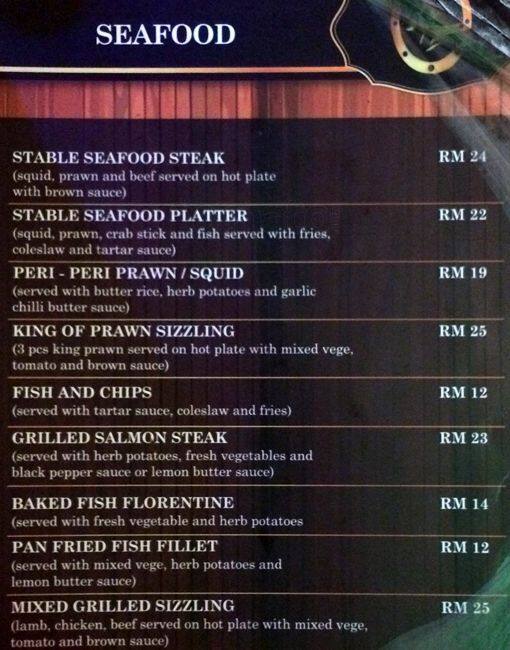 Stable Steak House Menu, Menu for Stable Steak House, Kampung Baru