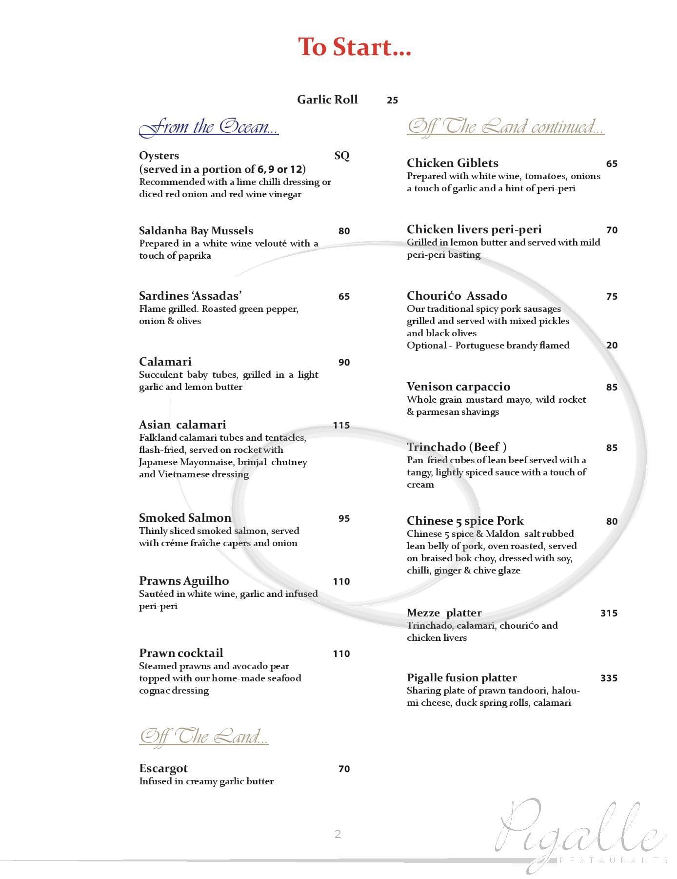 Menu at PigalleBedfordview restaurant, Johannesburg, Buuren Road