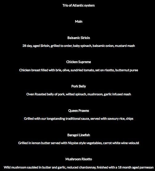 Menu at PigalleBedfordview restaurant, Johannesburg, Buuren Road