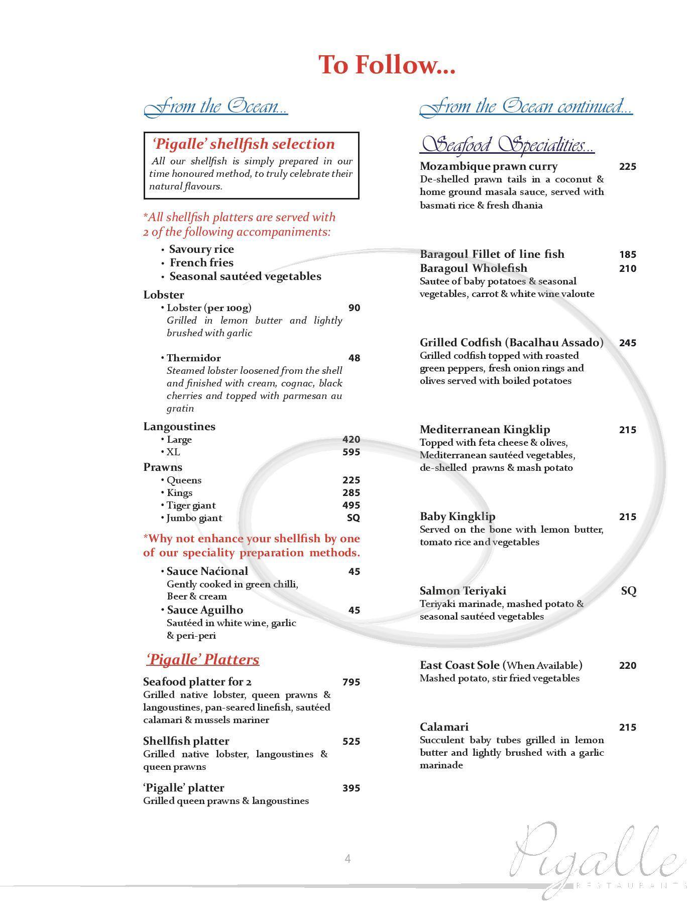 Menu at PigalleBedfordview restaurant, Johannesburg, Buuren Road