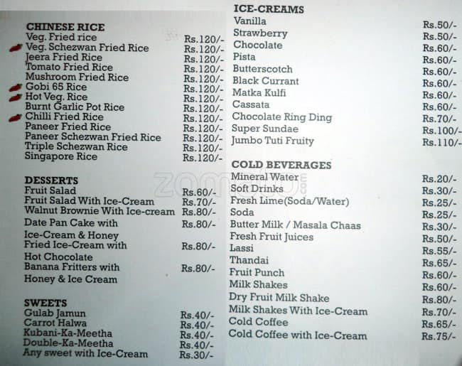 Menu at Venky's veg, Hyderabad