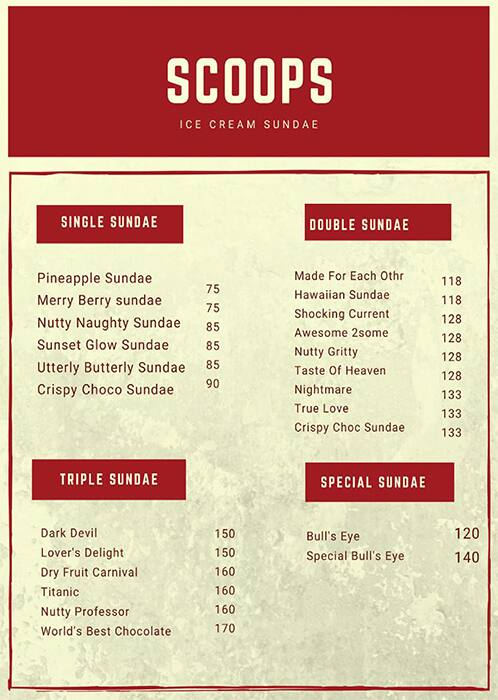 Scoops Ice Cream menu