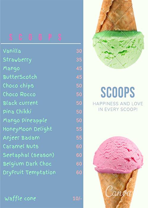 Scoops Ice Cream menu