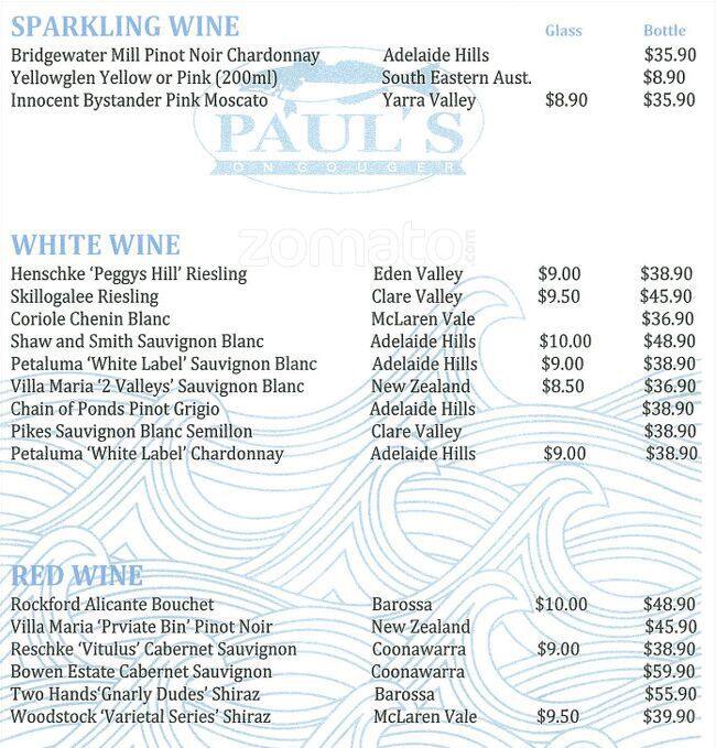 Menu at Paul's Seafood on Gouger restaurant, Adelaide