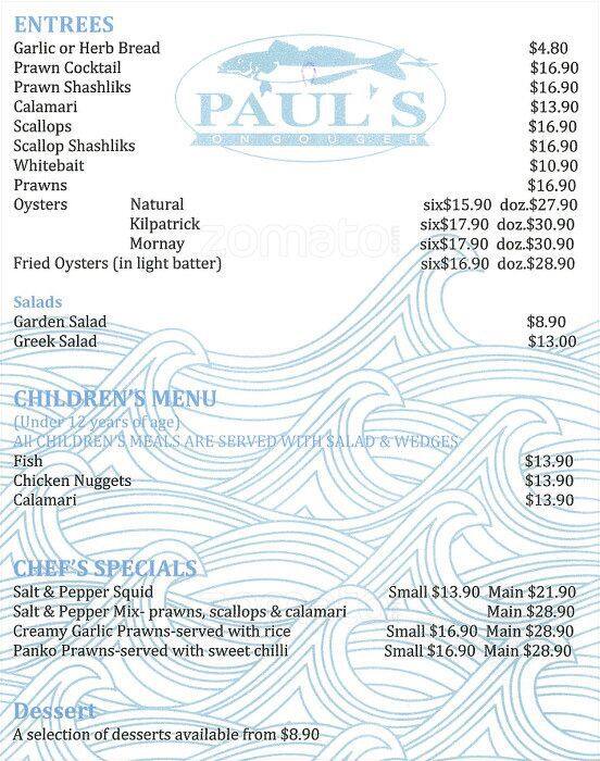Menu at Paul's Seafood on Gouger restaurant, Adelaide