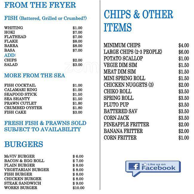 Menu at Viv's Fish and Chips fast food, Sawtell