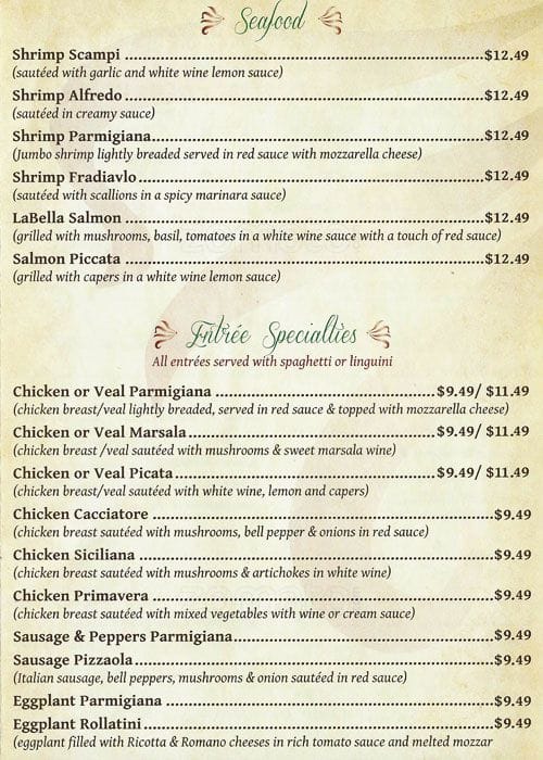Menu at La Bella Italian Grill pizzeria, Garland