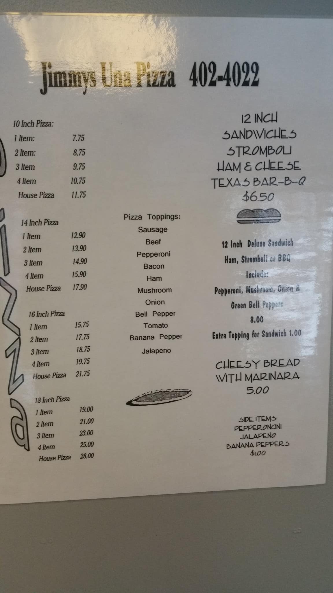 Menu at Jimmy's UNA Pizza pizzeria, Evansville, Pollack Ave