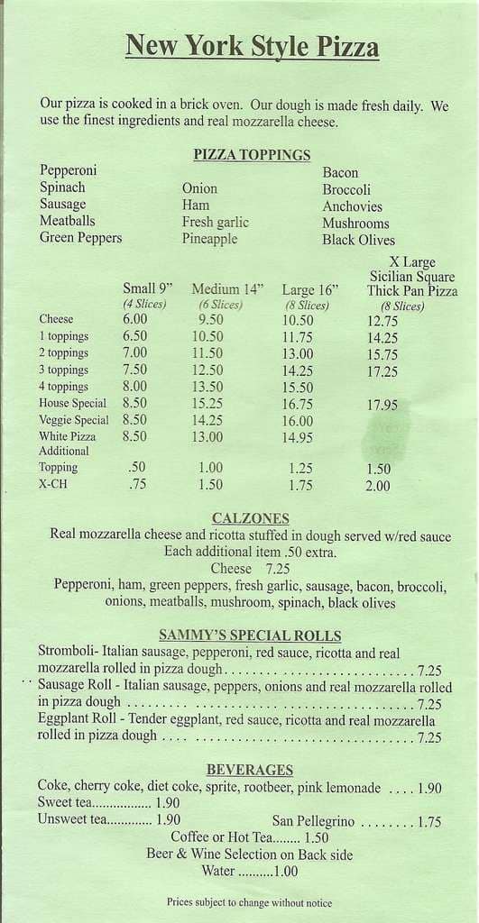 Menu at Sammy's Italian Restaurant and Pizza, Ocala, SW State Rd 200