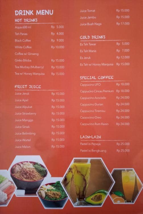 Menu at Pempek Belida Mas restaurant, Jakarta, Jl. Garuda no. 34