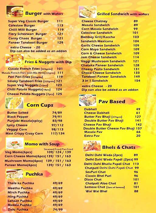 Snack Shack menu