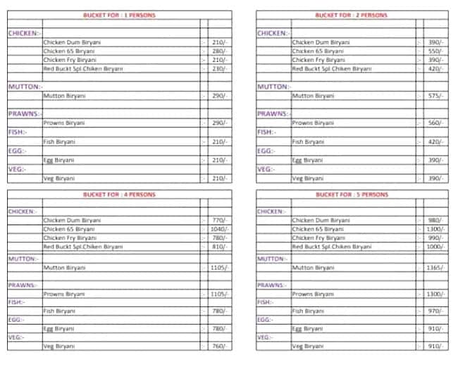 Menu of Red Bucket Biryani, Madhapur, Hyderabad