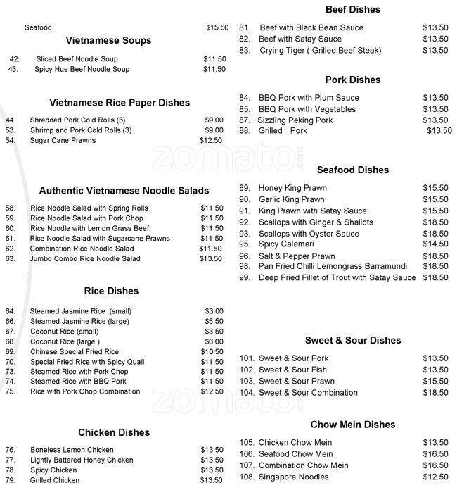 Menu at Huong's BYO Restaurant, West End, 83A Vulture St