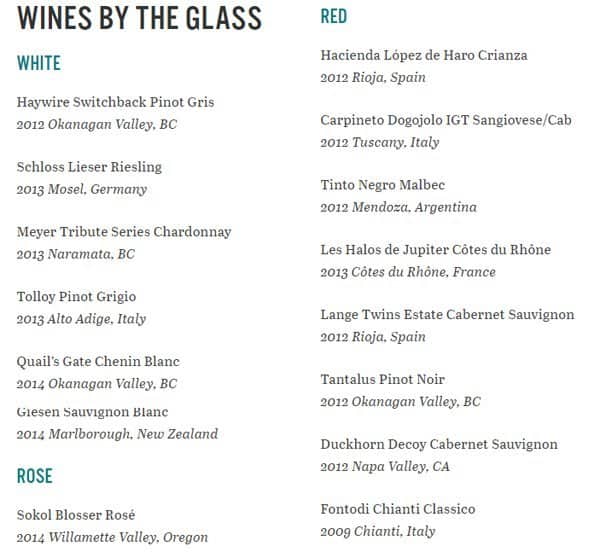 Menu au Prohibition Rosewood Hotel pub et bar, Vancouver