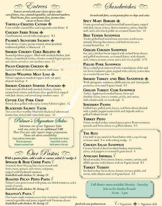 Menu at Palmer's Restaurant Bar & Courtyard, San Marcos