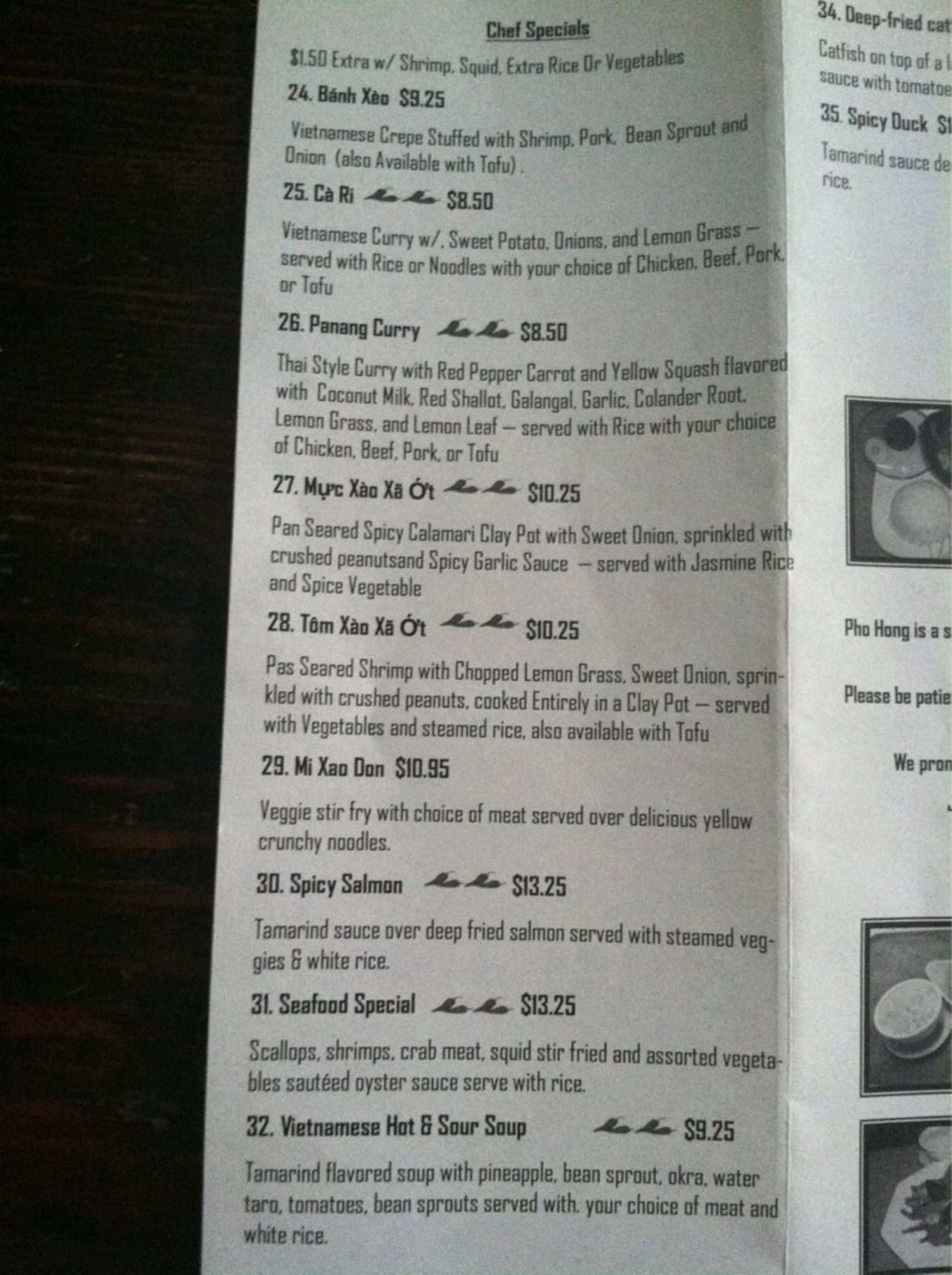 Menu at Pho Hong restaurant, Burlington