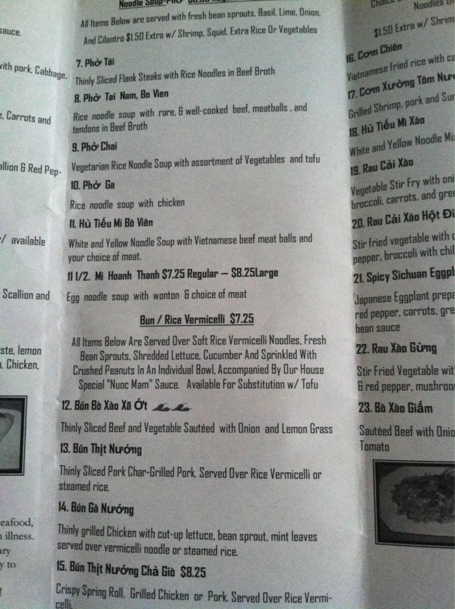 Menu at Pho Hong restaurant, Burlington