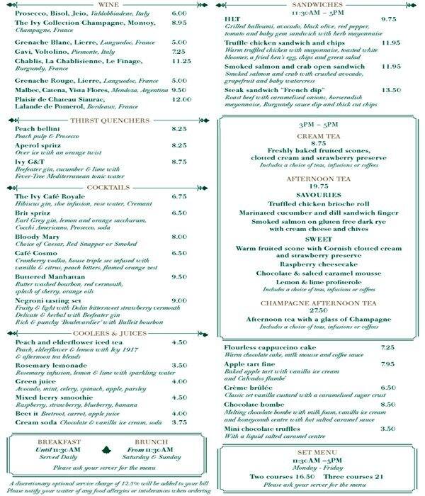 The Ivy Menu Menu For The Ivy Wimbledon London