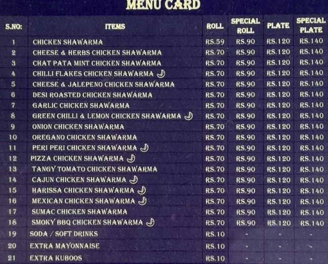 Menu of KK Shawarma Tower, Ambattur, Chennai