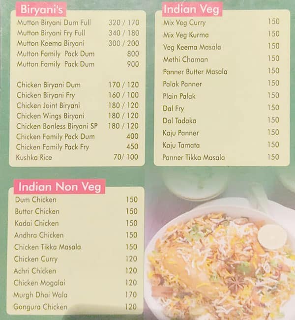 Menu of Zaara Restaurant, PNT Colony, Vijayawada