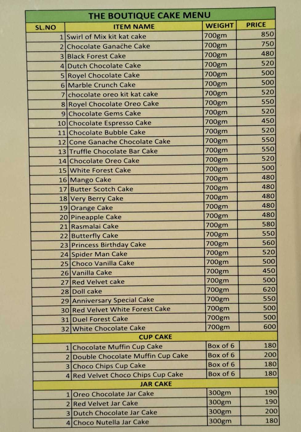 Menu of The Boutique Cake, Kestopur, Kolkata