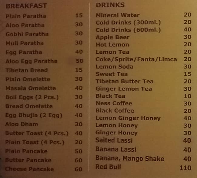 Kullu Manali Restaurant menu