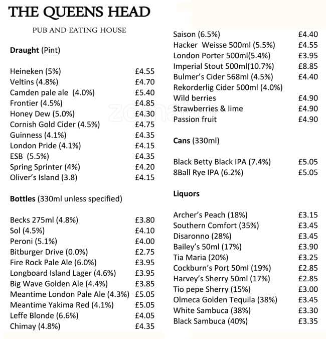 The Queen's Head Menu, Menu for The Queen's Head, Hammersmith, London