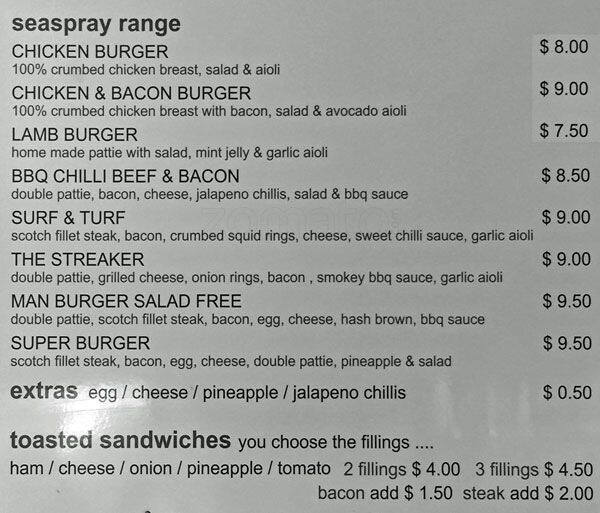 Sea Spray Takeaways Menu, Menu for Sea Spray Takeaways, Snells Beach
