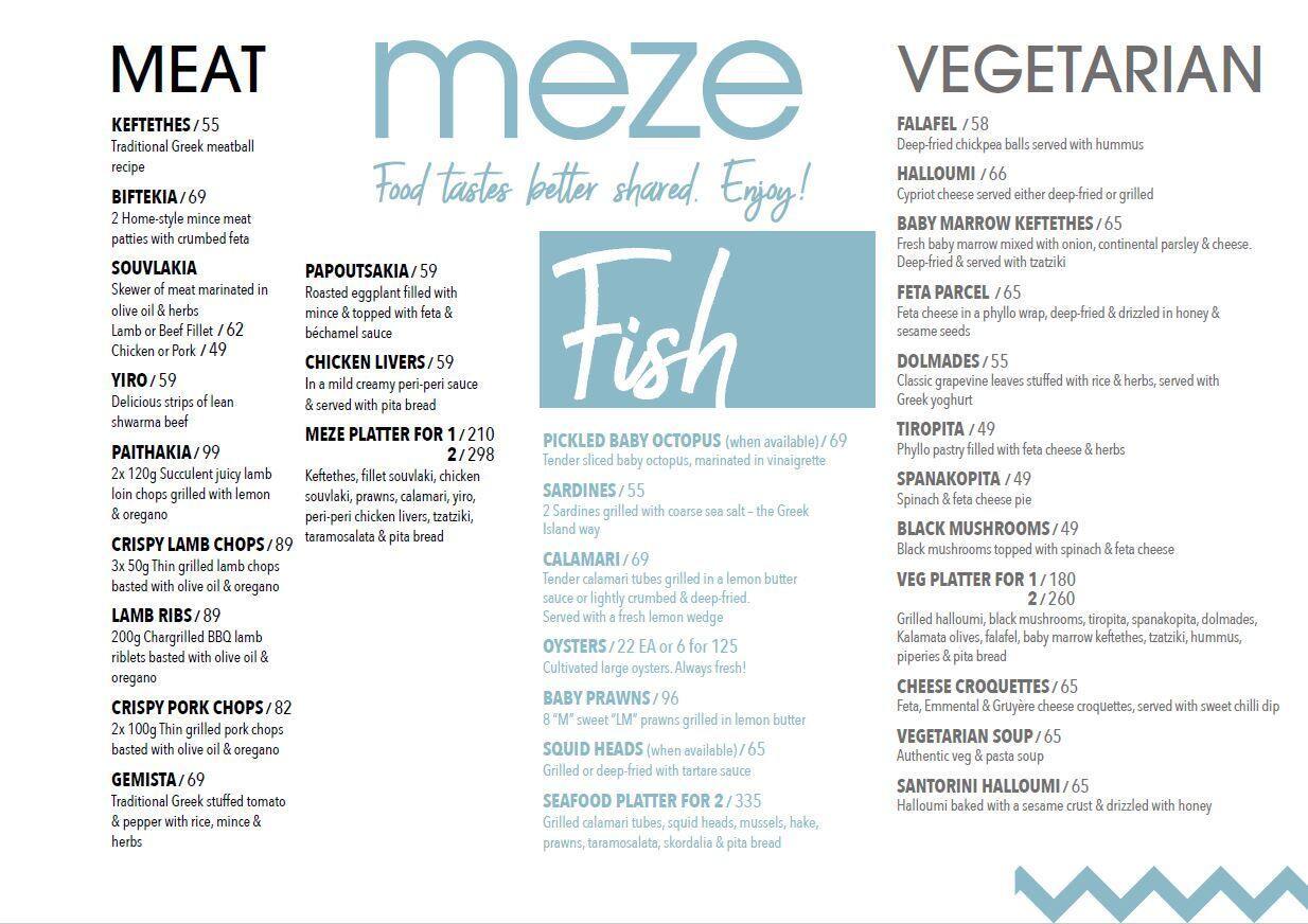 Menu at Mythos restaurant, Pretoria
