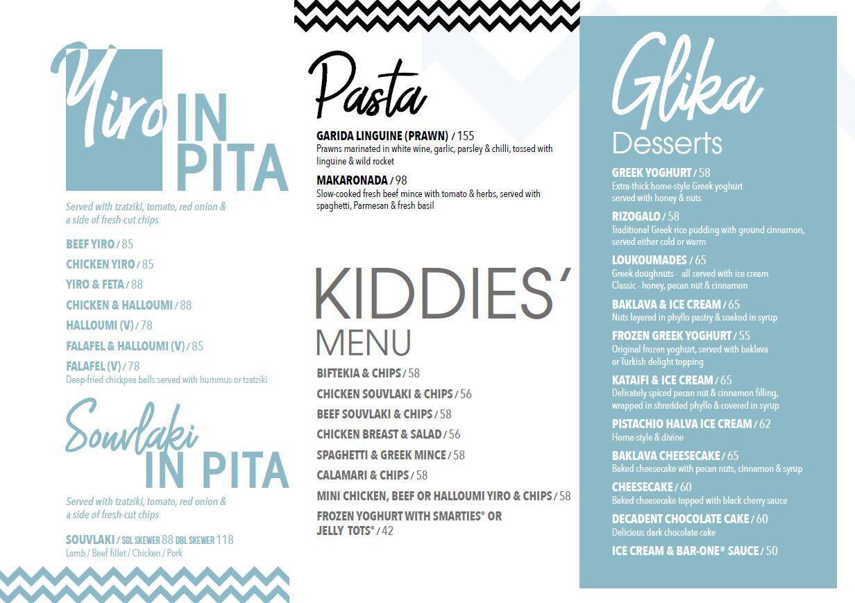 Menu at Mythos restaurant, Pretoria