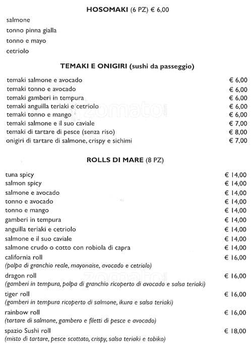 Menu di Spazio Sushi 