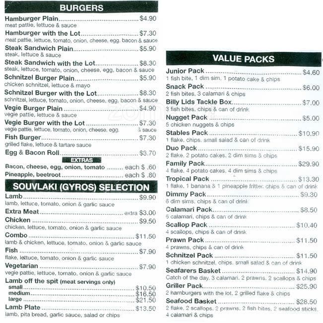 Menu at Rock'n fish restaurant, Mill Park