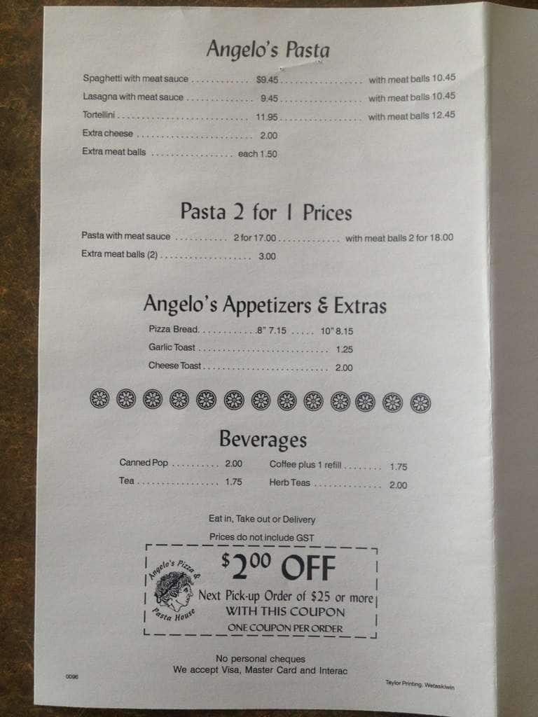 Menu at Angelo's Pizza & Pasta pizzeria, Wetaskiwin
